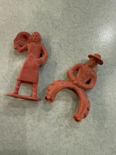 VTG 1960 Pink Rubber Western Cowboy & Cowgirl Toys Marx Tim Mee Collectible 2SET