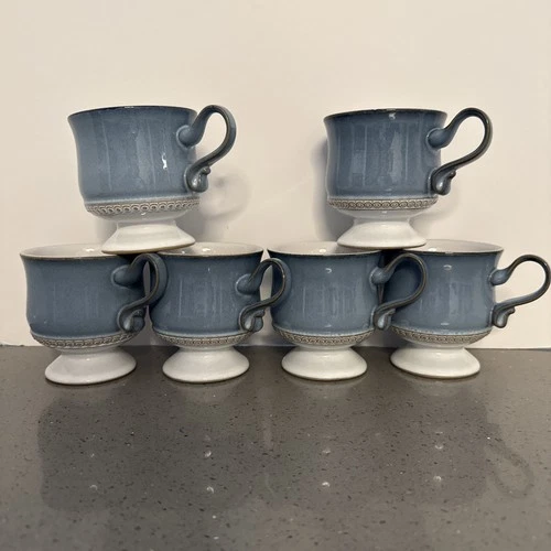 Vintage Denby Castile Blue Footed Cups Mugs w/Raised Dot Trim set of 6 England