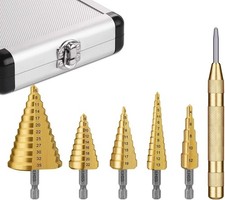 5 Pcs HSS Step Drill Bits Auto Center Punch Metal Wood Plastic 1/4 in Hex Shank
