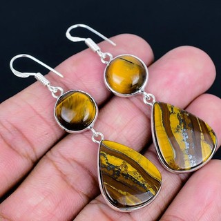 Tiger Eye 925 Silver Plated Handmade Earrings of 2.37"
