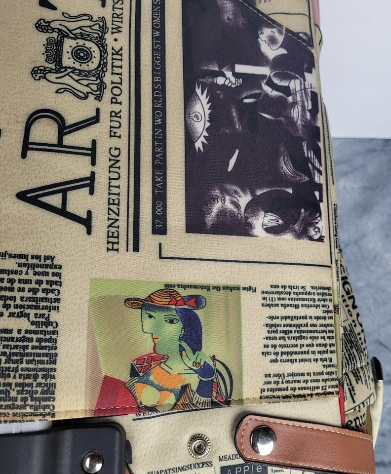Vintage Style Rolling Tote Bag Travel Luggage Newspaper Print - Image 3 of 4