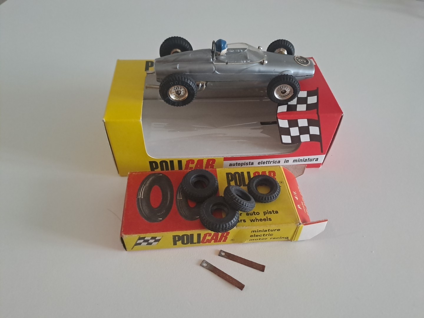 60s Ferrari F1 NEW Complete Policar Slot Car + 2 Sliding Contacts + WHEELS