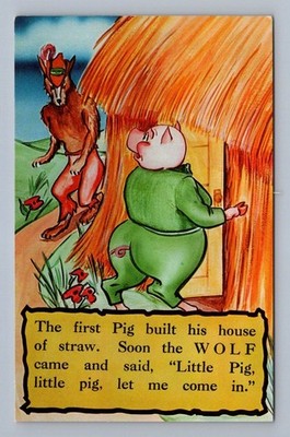 Vintage Three Little Pigs Straw House Wolf Illustration 1959