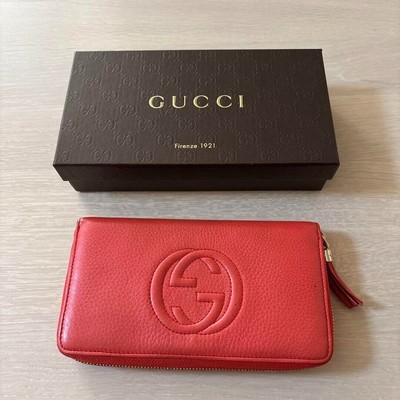 GUCCI Soho Long Round Zippy Wallet Interlocking Leather Tassel Women Red Auth