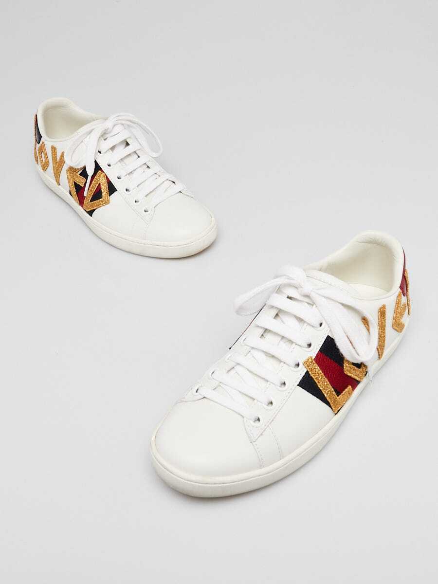 Gucci White Leather Ace Loved Embroidered Sneakers Size