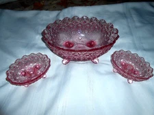 Elegant  Fenton Glass L.G. Wright Pink Daisy Button Bowl & Pair Candle Holders