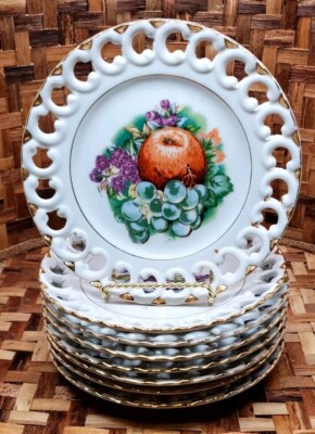 8 Vtg.Relco Reticulated Edge Plate Hand Painted Fruit Porcelain Wall Hang 6½''