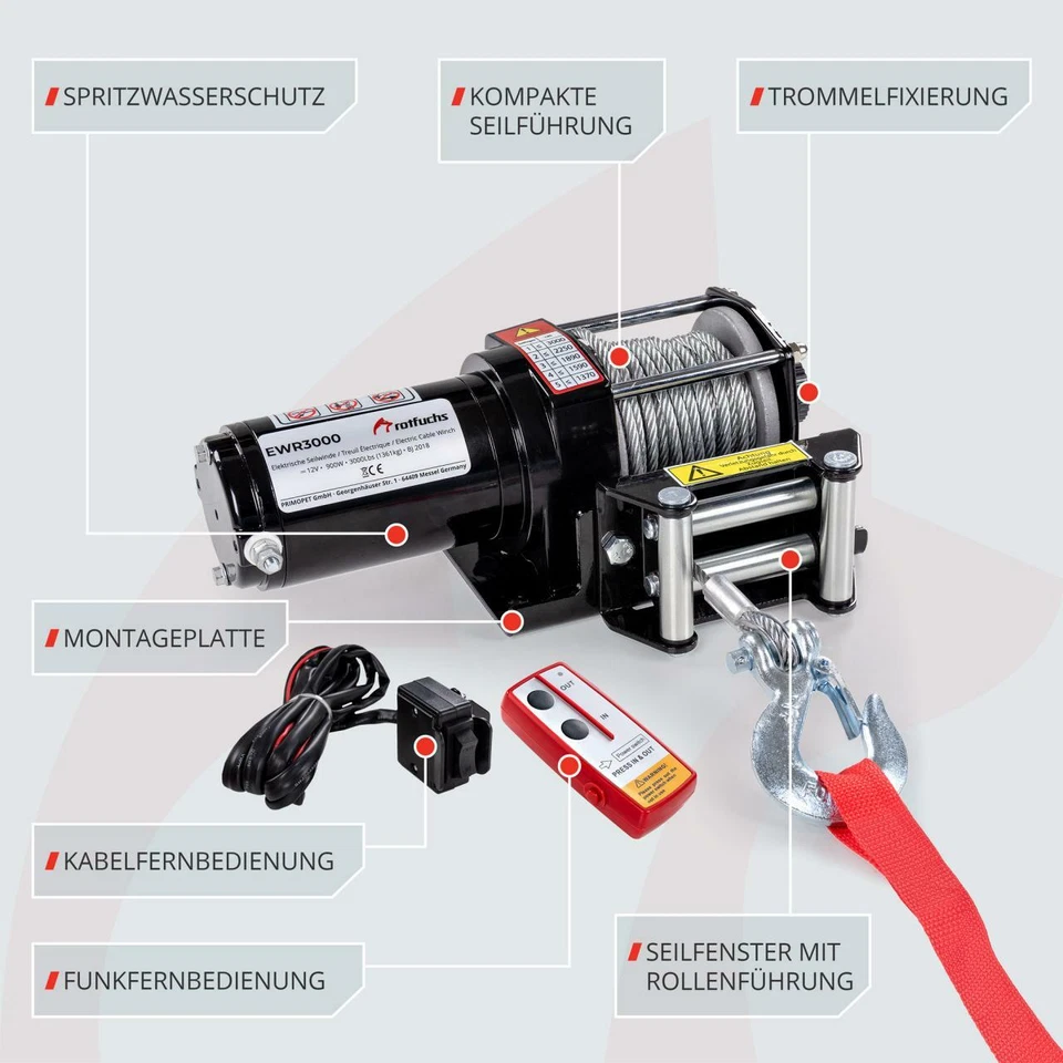 ROTFUCHS® Elektrische Seilwinde 12V 1360KG Elektrowinde Motorwinde Offroadwinde - Bild 4 von 4