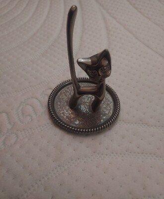 Vintage Seba England Cat Ring Holder With Trinket Dish Silver Plate Long Tail