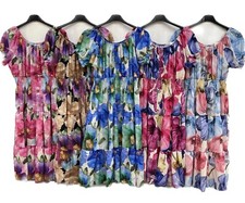 Ladies Floral Elastic Bardot Off Shoulder Magic Button Summer Smock Midi Dress