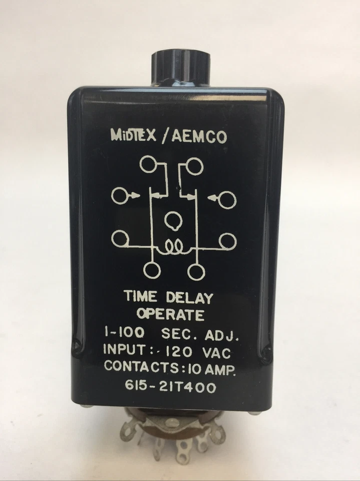 RELÉ DE RETARDO DE TIEMPO MIDTEX/AEMCO 615-21T400 1-100 SEG ENTRADA ADJ 120VAC 10AMP Foto 2 de 4