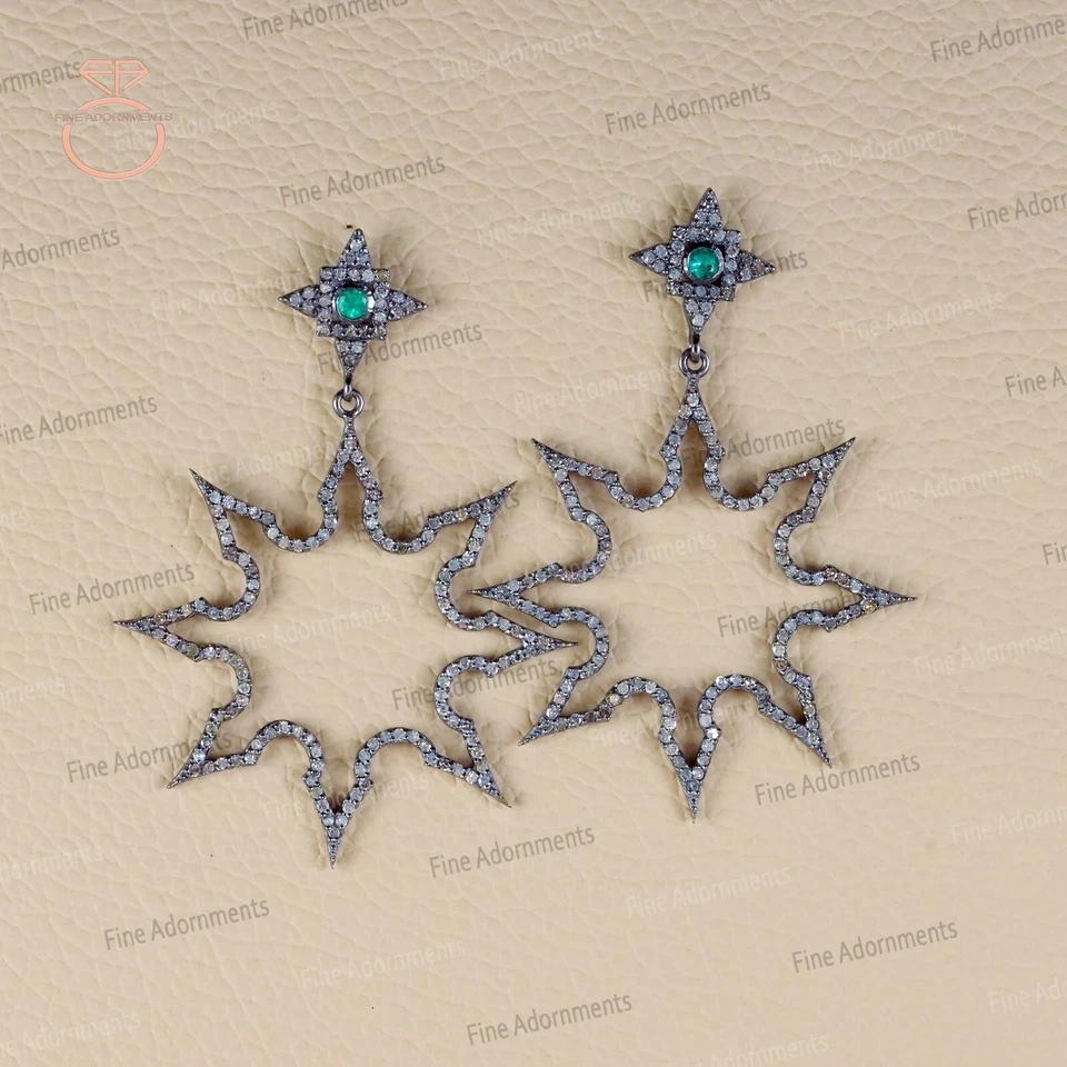 Solid 925 Silver Earrings Natural Diamond & Emerald Earrings Handmade Jewelry - Image 4 of 4