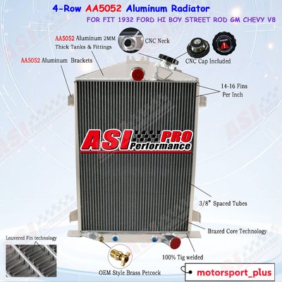 4-ROW AA5052 ALUMINUM RADIATOR FOR 1932 FORD HI BOY STREET ROD GM CHEVY V8 USA