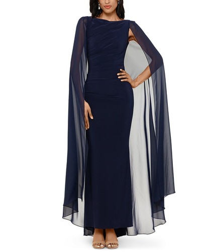 Betsy \u0026 Adam Women's Chiffon Cape Gown (4, Navy)