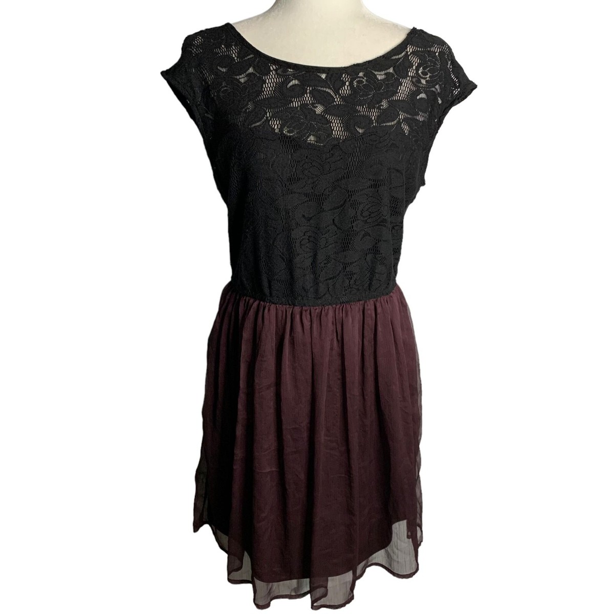 Dynamite Lace Chiffon Party Dress L Black Purple Lined Low Back Elastic  Waist | eBay