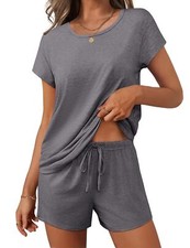 Women 2 Piece Pajamas Set Short Sleeve Comfy Lounge Set Round Neck Tops and S...