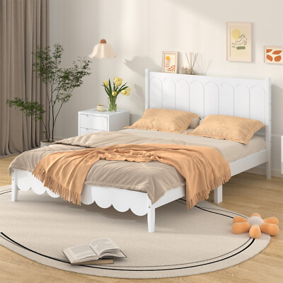Full/Queen Size Bed Frame Wood Platform Bed Frame w/ Wood Headboard White/Pink
