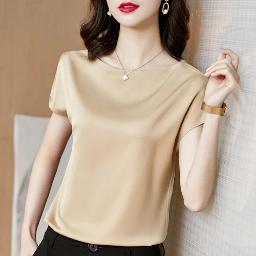 Damen Seidenhemd kurzärmelig T-Shirt Maulbeere Seide lockeres Oberteil Pullover Bluse - Bild 2 von 27