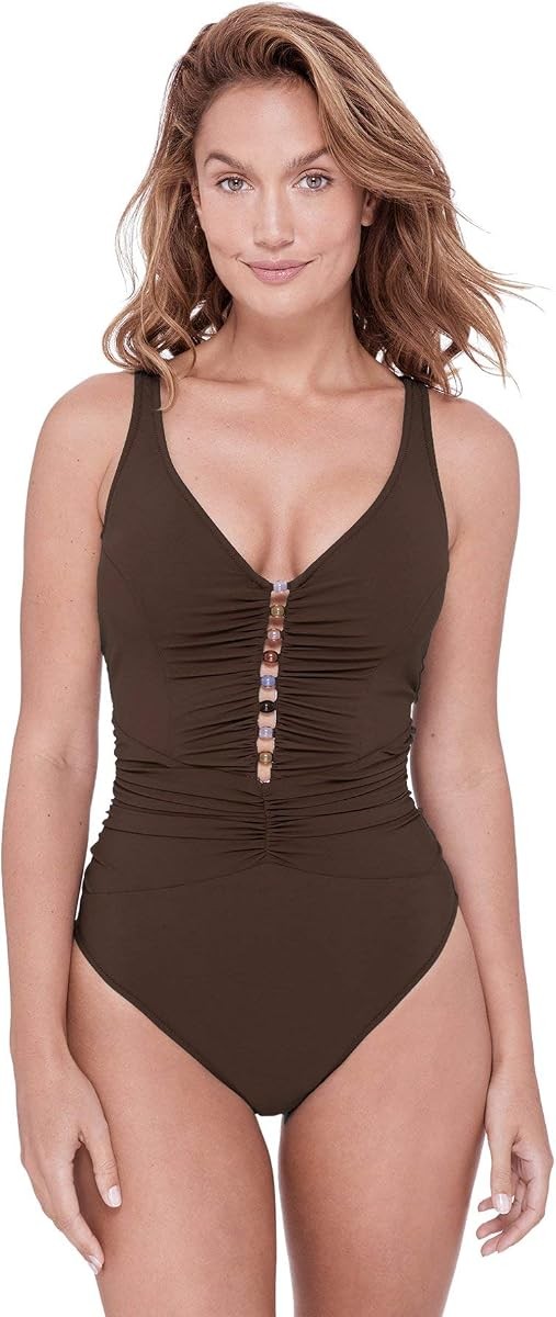 Profile by Gottex Murano Beaded One Piece Swimsuit Expresso Brown Sz 6 8 NWT