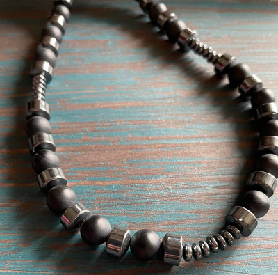 Artisan Made Men's Necklace, 19.5'' Full Length, Black Agate Onyx & Hematite Bead