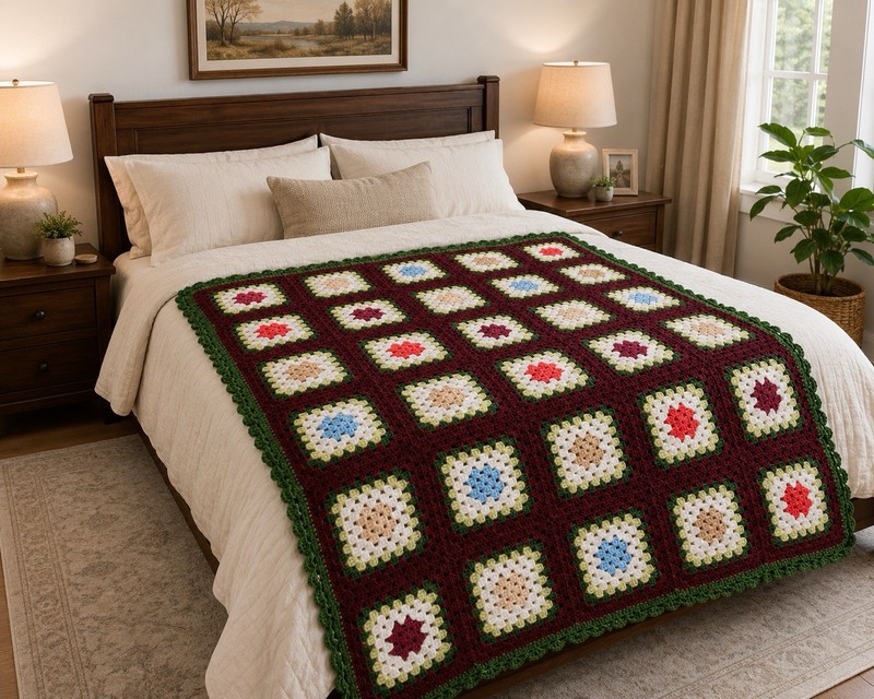 Handmade Crochet Granny Square Sofa Throw Blanket Green Border 5x6 Squares
