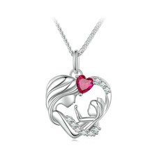 S925 Sterling Silver Mother  Child Pendant Necklace Pink Heart Loving Mom Gift