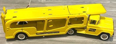  Vintage 1950's Buddy L Hertz Car Hauler Pressed Steel Yellow Car Truck Toy