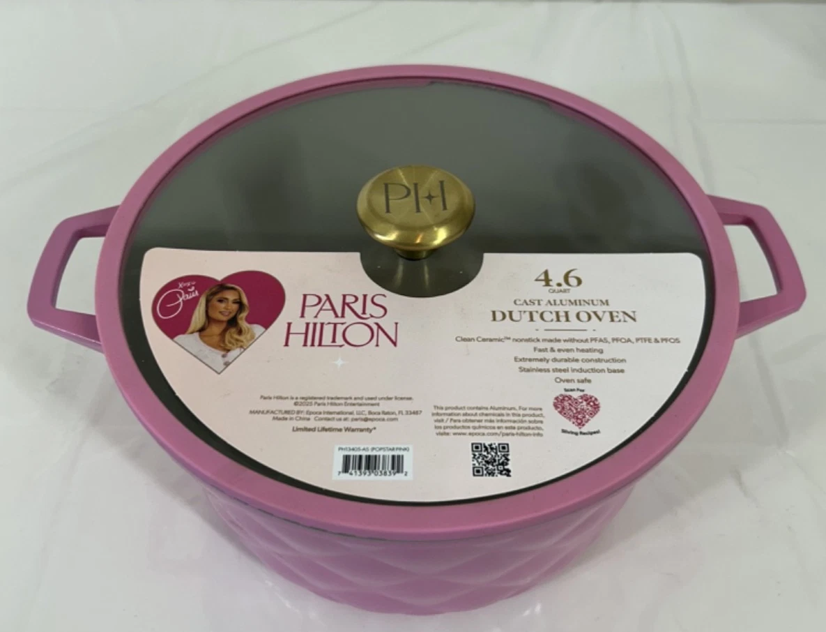 NEW Paris Hilton 4.6 Quart Cast Aluminum Dutch Oven Pink Quilted Kitchen B59