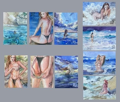 Set of 10 ACEO card Miniature Girl Woman Sea Original Aquarelle Paintings