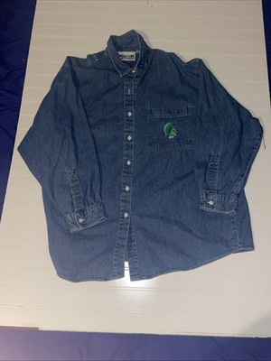 Vintage Michigan State Spartans  Denim Button Up College Spirit Sz M 100% Cotton