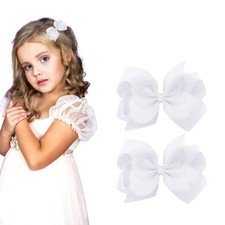 2 PCS 3 White Hair Bow Clips, Girls, Toddler, Alligator Clip, Small, Ribbon
