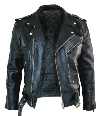 Men's Black Brando Style Motorcycle Biker Jacket Genuine Cowhide Leather Jacket