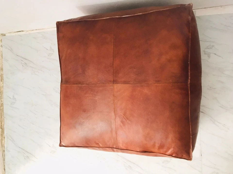 Leather Moroccan Footstool Boho Ottoman Claasic Genuine Pouffe Handmade - Image 4 of 4