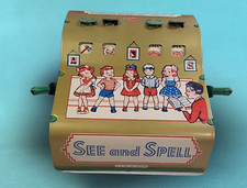 VTG Works See And Spell Green  Tin Wolverine Two Handles Spinning Metal