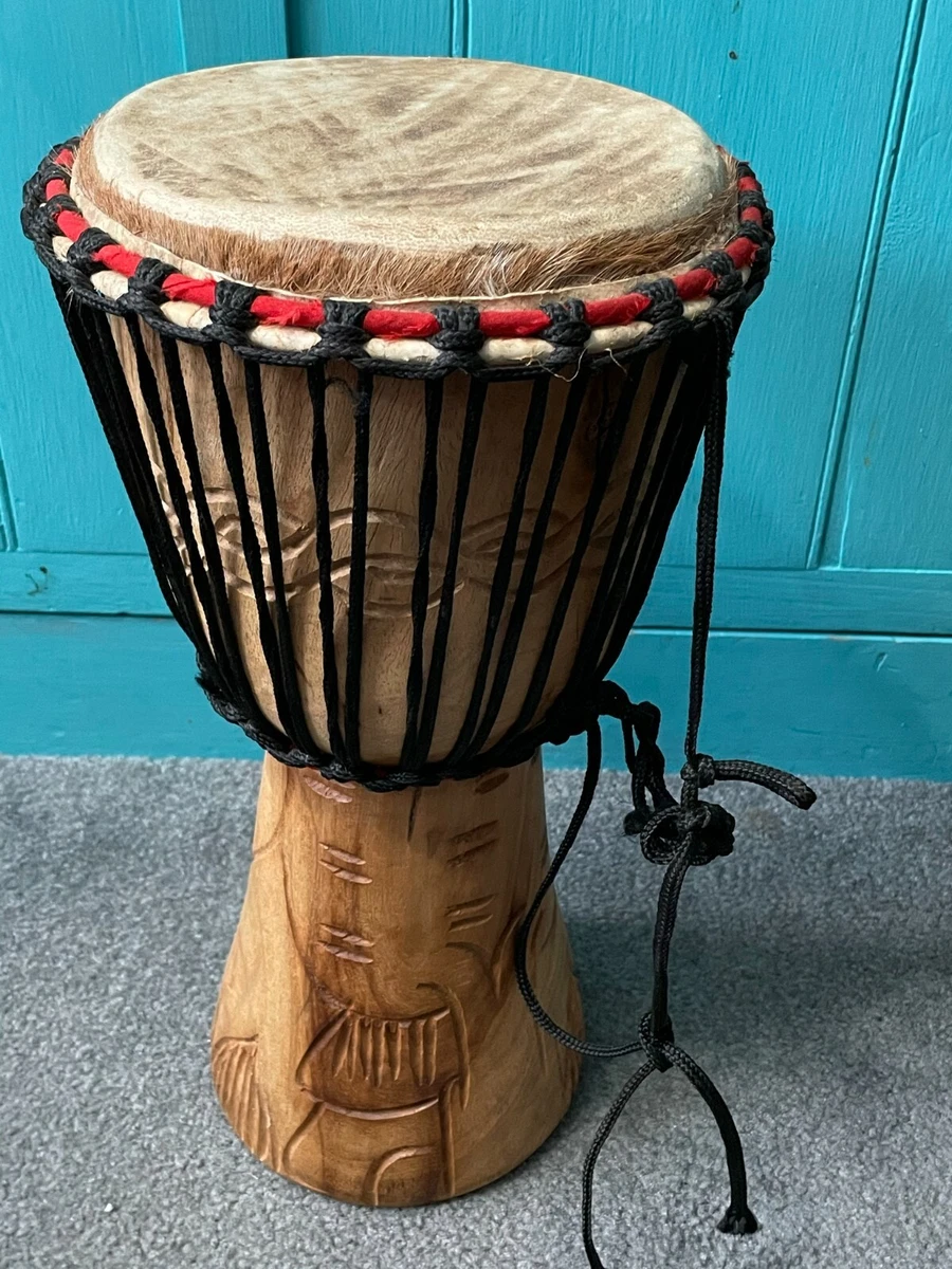 DJEMBE AFRICAN TRIBAL BONGO DRUM HAND CARVED WITH ANIMAL SKIN AND