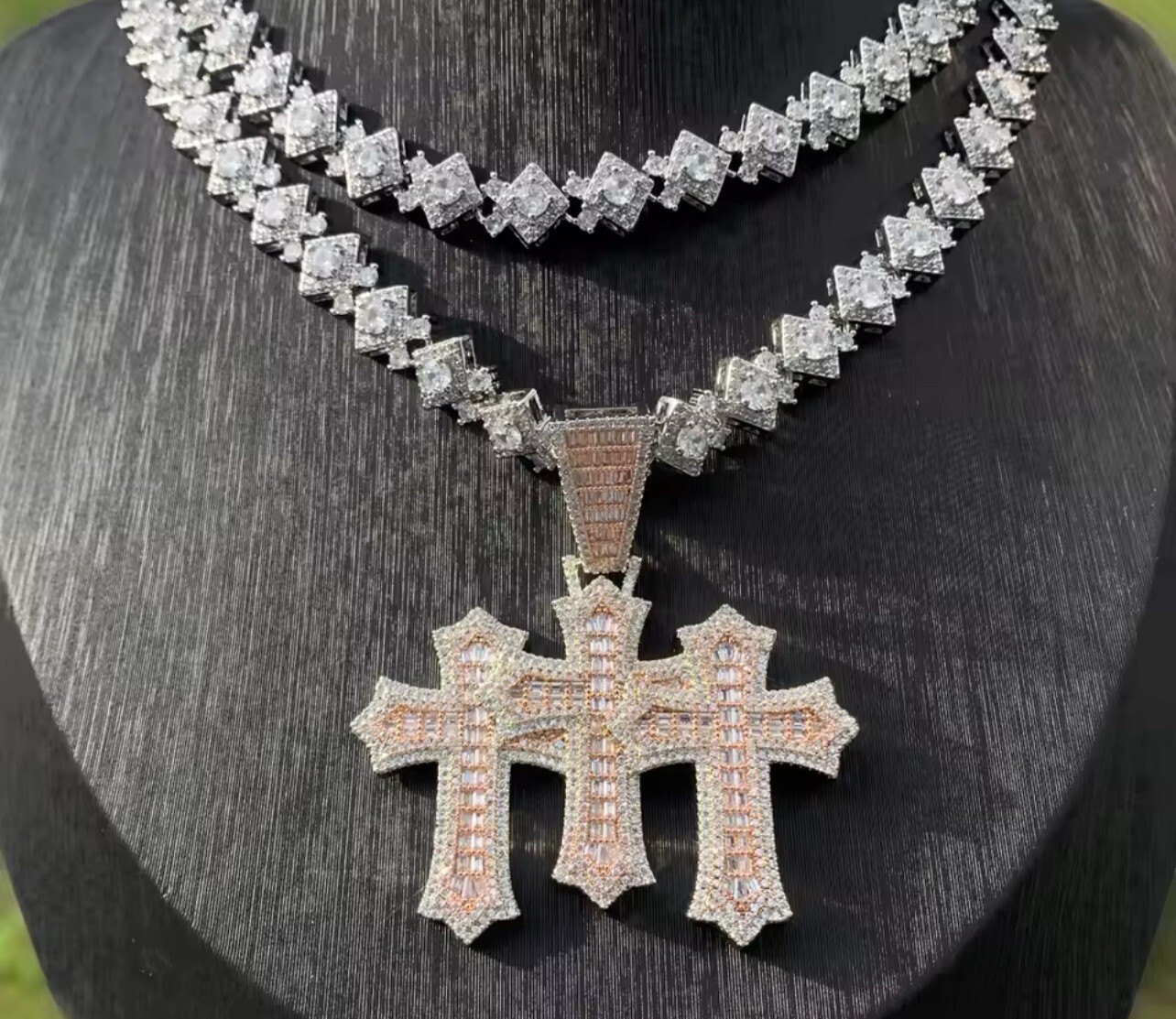 Brand New  Simulated Diamond Triple Cross Necklace