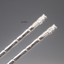 Solid S999 Fine Silver 999 Carved Dragon Head Chopsticks Dinnerware 37g 8.26in L