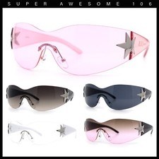 Womens Y2K Diva Rimless Shield Star Jewel Hinge Wrap Sunglasses