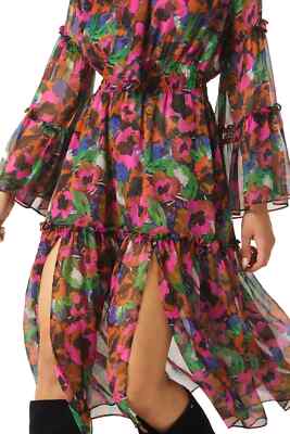 MISA Los Angeles Midi Dress M Pink Jewel Floral Merce Ruffle Neck Tie Long Sleev
