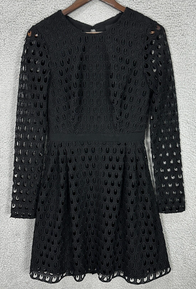 Cynthia Rowley Fit & Flare Dress Womens 4 Black Eyelet Crochet Long Sleeve  Boho | eBay
