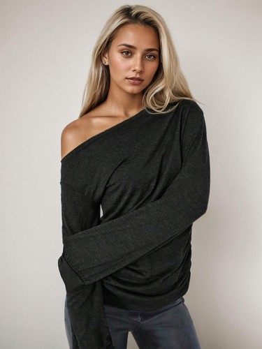 Women's Tops Oblique Shoulder Lantern Sleeve Long Sleeve T-Shirt - Imagen 3 de 14