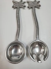 Palm Tree Salad Fork Spoon Serving Set Silver Tone Metal 12.5"- vtg
