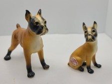 Set Of 2 Vintage Bradley Bone China Japan Boxer Dogs Figurines Signed 3" & 2.5"