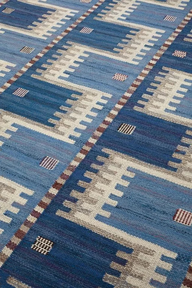 Geometric Flatweave Scandinavian Swedish Kilim Rug for Living Room Blue Area Rug - Image 3 of 4