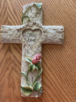 New Creative Enterprises - Beautiful Jesus Loves 10'' Cross with rose & leaves
