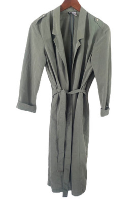 H&M Divided Women s Dark Soft Sage Green Belted Long Trench Layer -Size Small