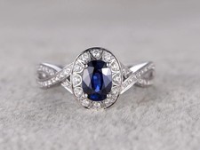 Bague de mariage diamant saphir bleu taille ovale 2,75 ct or blanc massif 14 ...