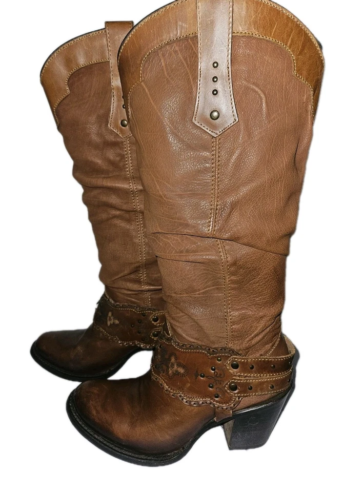 Botas hasta la rodilla de cuero de vaca Cuadra marrón vaquera occidental para mujer talla 8,5 Foto 2 de 4