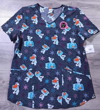 Disney Frozen Scrub Top Adult Medium Gray Olaf Christmas Snowflake Uniform Women