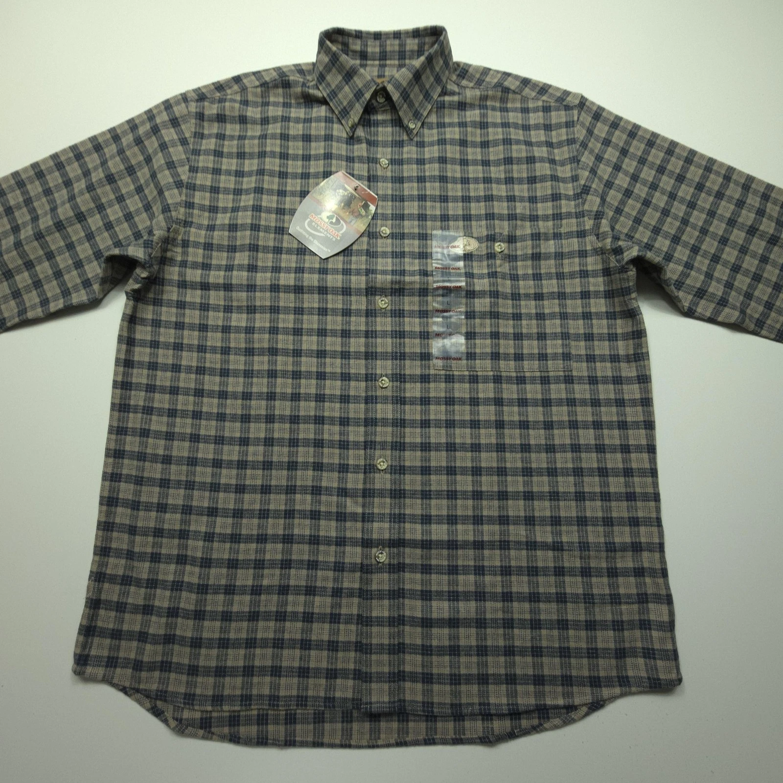 Mossy Oak Elements Mens Shirt Large Beige Blue Plaid Backcountry Outdoor Flannel